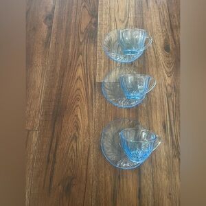 VINTAGE Set of 3 Ice Blue Swirl Glass Teacups and Saucers | KIG Indonesia